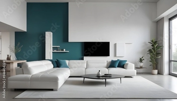 Fototapeta High end modern living room with white leather couch and a large flat screen tv mounted on the wall, brutalist architecture mixed with modern futuristic minimal design