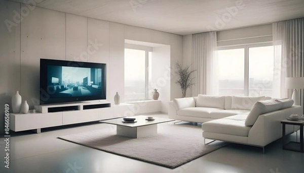 Fototapeta High end modern living room with white leather couch and a large flat screen tv mounted on the wall, brutalist architecture mixed with modern futuristic minimal design