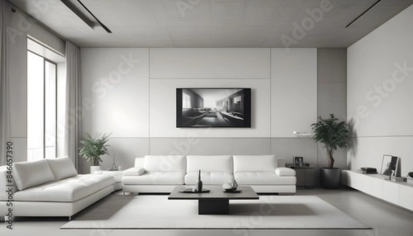 Fototapeta High end modern living room with white leather couch and a large flat screen tv mounted on the wall, brutalist architecture mixed with modern futuristic minimal design