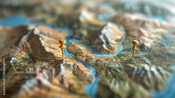 Fototapeta A detailed map shows specific locations with pinpoints for easy identification and navigation