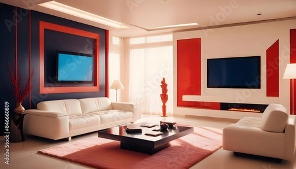 Fototapeta High end modern living room with white leather couch and a large flat screen tv mounted on the wall, brutalist architecture mixed with modern futuristic minimal design