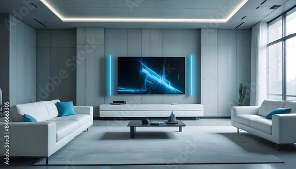 Fototapeta High end modern living room with white leather couch and a large flat screen tv mounted on the wall, brutalist architecture mixed with modern futuristic minimal design