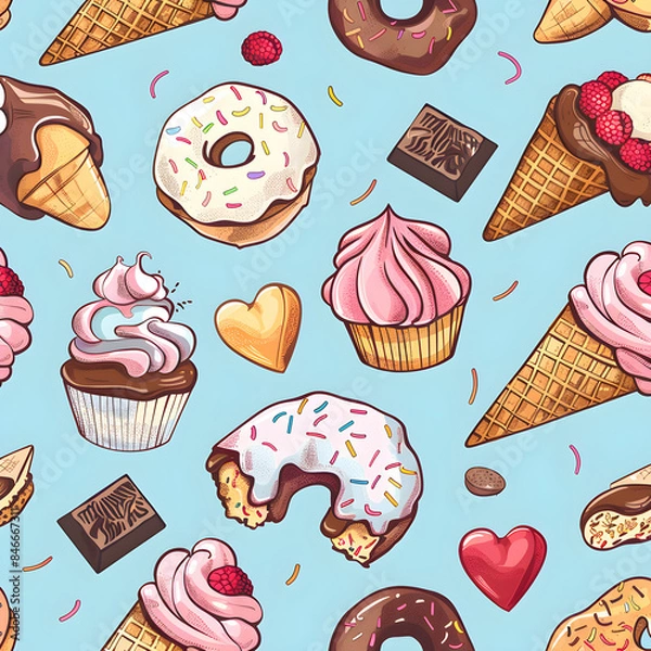 Fototapeta Cute food pattern, design with cartoon cupcakes, ice cream cones, donuts, and chocolates on a pastel