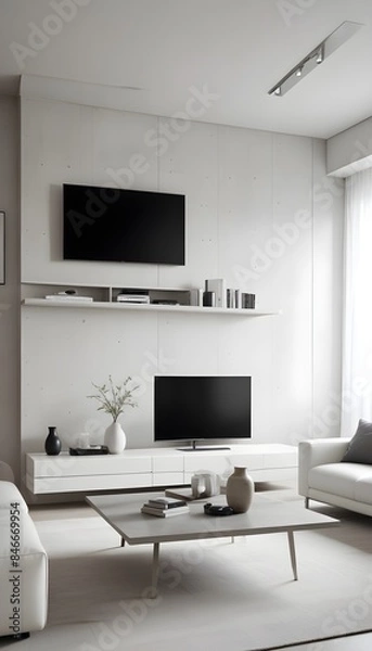 Fototapeta High end modern living room with white leather couch and a large flat screen tv mounted on the wall, brutalist architecture mixed with modern futuristic minimal design