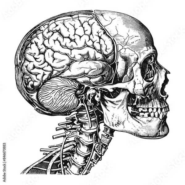 Fototapeta Woodcut illustration of an anatomical human head. Vintage grunge vector design element for artworks, poster, cards, web and collages.