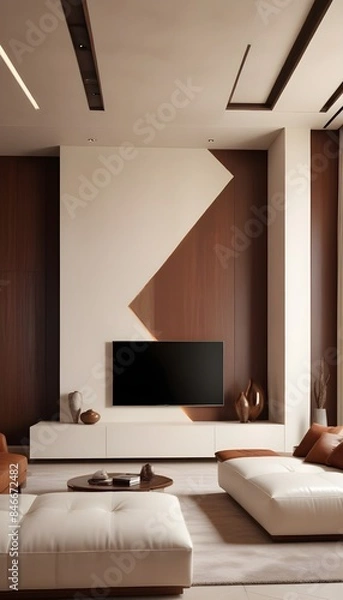 Fototapeta High end modern living room with white leather couch and a large flat screen tv mounted on the wall, brutalist architecture mixed with modern futuristic minimal design