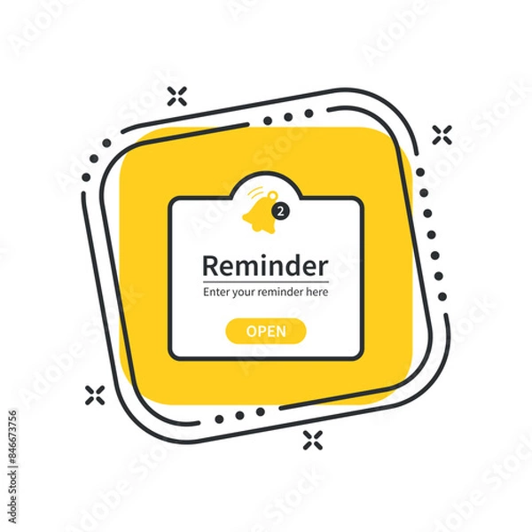 Obraz Cartoon reminder icon vector illustration. Notification page on isolated yellow square background. Bell sign concept.