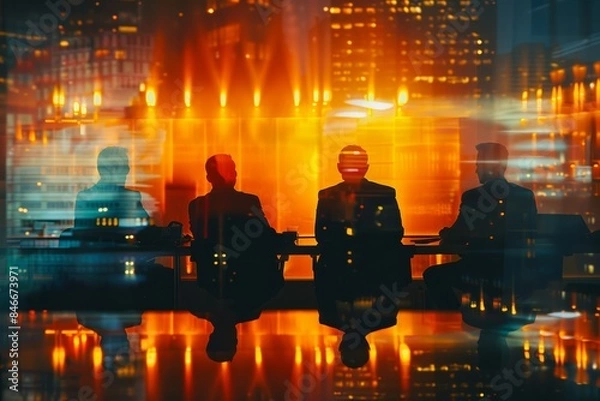 Fototapeta Business Meeting with Executives Discussing Strategy, Long Exposure City Lights