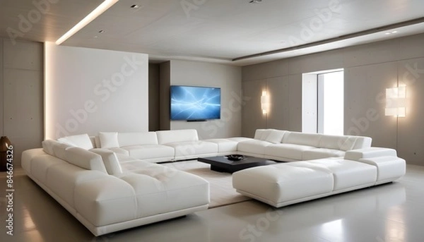 Fototapeta High end modern living room with white leather couch and a large flat screen tv mounted on the wall, brutalist architecture mixed with modern futuristic minimal design