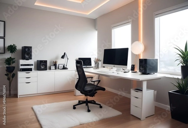 Fototapeta minimalist interior design style futuristic home office sleek furniture state of the art technology