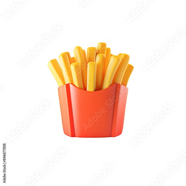 Obraz Cartoon Style French Fries Illustration in Red Box, Crispy and Golden Fried Potatoes for Fast Food and Snack Themes, 3D Render Isolated on White Background for Appetizing and Fun Design