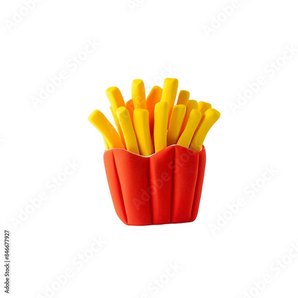 Fototapeta Cartoon Style French Fries Illustration in Red Box, Crispy and Golden Fried Potatoes for Fast Food and Snack Themes, 3D Render Isolated on White Background for Appetizing and Fun Design