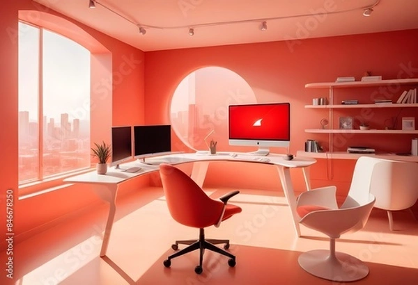 Fototapeta minimalist interior design style futuristic home office sleek furniture state of the art technology