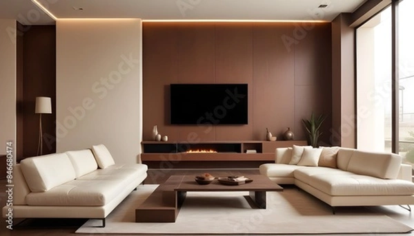 Fototapeta High end modern living room with white leather couch and a large flat screen tv mounted on the wall, brutalist architecture mixed with modern futuristic minimal design