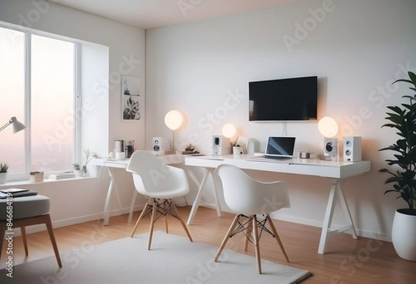 Fototapeta minimalist interior design style futuristic home office sleek furniture state of the art technology