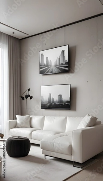 Fototapeta High end modern living room with white leather couch and a large flat screen tv mounted on the wall, brutalist architecture mixed with modern futuristic minimal design