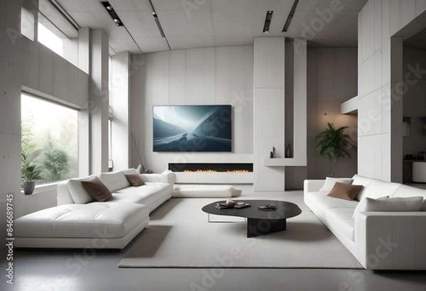 Fototapeta High end modern living room with white leather couch and a large flat screen tv mounted on the wall, brutalist architecture mixed with modern futuristic minimal design