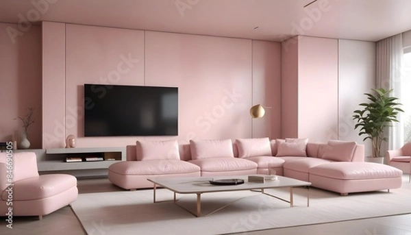 Fototapeta High end modern living room with white leather couch and a large flat screen tv mounted on the wall, brutalist architecture mixed with modern futuristic minimal design