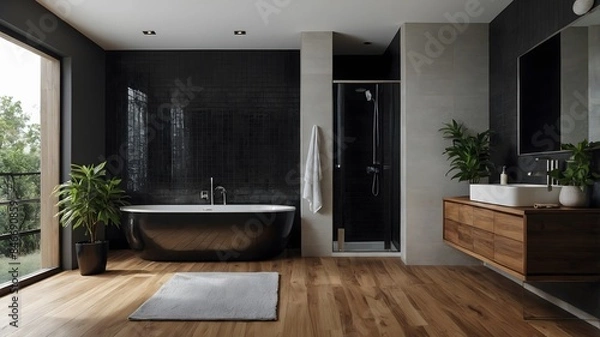 Fototapeta Modern bathroom design with a shower area and bathtub including a wall mirror beside a fancy plant. Ai Generative.
