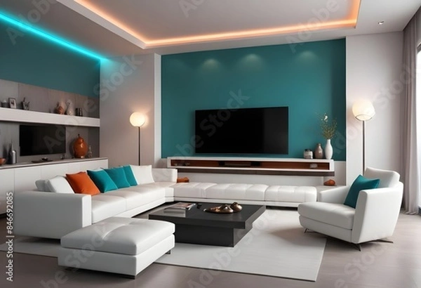 Fototapeta High end modern living room with white leather couch and a large flat screen tv mounted on the wall, brutalist architecture mixed with modern futuristic minimal design