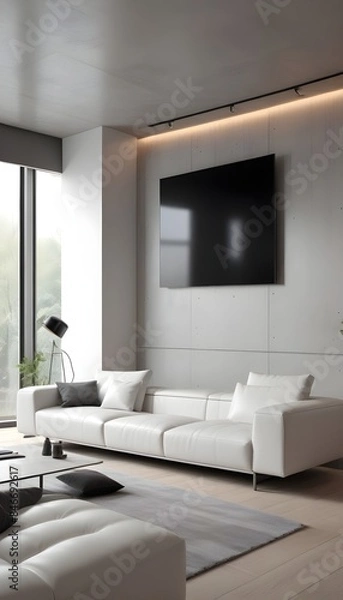 Fototapeta High end modern living room with white leather couch and a large flat screen tv mounted on the wall, brutalist architecture mixed with modern futuristic minimal design