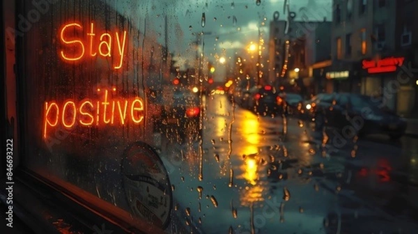 Fototapeta A window with a sign that says "Stay Positive" on it