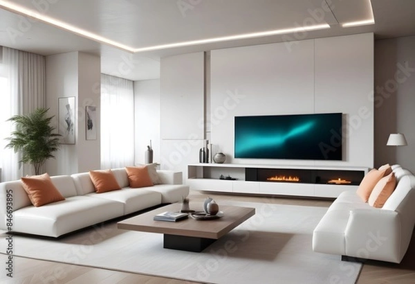 Fototapeta High end modern living room with white leather couch and a large flat screen tv mounted on the wall, brutalist architecture mixed with modern futuristic minimal design