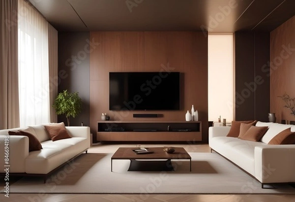 Fototapeta High end modern living room with white leather couch and a large flat screen tv mounted on the wall, brutalist architecture mixed with modern futuristic minimal design