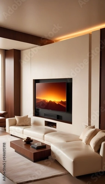 Fototapeta High end modern living room with white leather couch and a large flat screen tv mounted on the wall, brutalist architecture mixed with modern futuristic minimal design