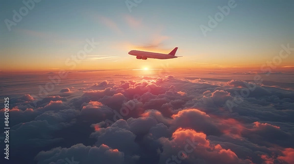 Obraz Airplane in the sky at sunrise or sunset