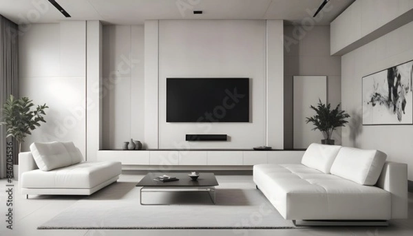 Fototapeta High end modern living room with white leather couch and a large flat screen tv mounted on the wall, brutalist architecture mixed with modern futuristic minimal design