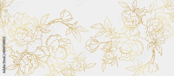 Obraz Luxury gold peony flowers background. Floral pattern tropical in line art style for greeting, invitation, wedding card, wall art, wallpaper and print. Vector illustration