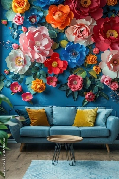 Fototapeta Modern vivid home interior design with colorful sofa and pillows, fresh green plants and artificial flowers on the wall