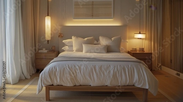 Fototapeta A serene bedroom with neutral tones, featuring a simple bed, sleek furniture, and soft lighting.