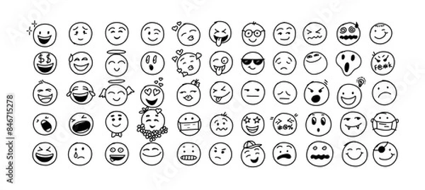 Obraz Round emoticons with doodle emotions, linear style. Vector illustration