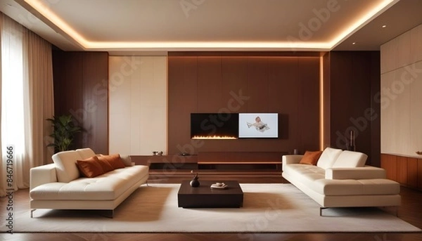 Fototapeta High end modern living room with white leather couch and a large flat screen tv mounted on the wall, brutalist architecture mixed with modern futuristic minimal design