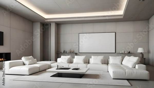 Fototapeta High end modern living room with white leather couch and a large flat screen tv mounted on the wall, brutalist architecture mixed with modern futuristic minimal design