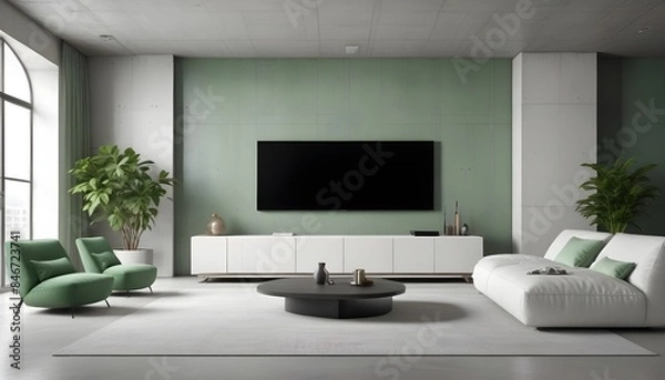 Fototapeta High end modern living room with white leather couch and a large flat screen tv mounted on the wall, brutalist architecture mixed with modern futuristic minimal design