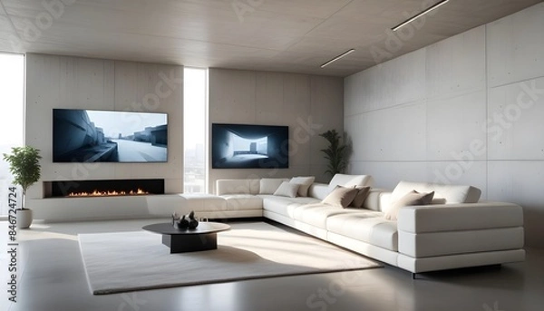 Fototapeta High end modern living room with white leather couch and a large flat screen tv mounted on the wall, brutalist architecture mixed with modern futuristic minimal design