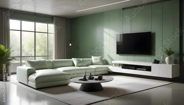 Fototapeta High end modern living room with white leather couch and a large flat screen tv mounted on the wall, brutalist architecture mixed with modern futuristic minimal design