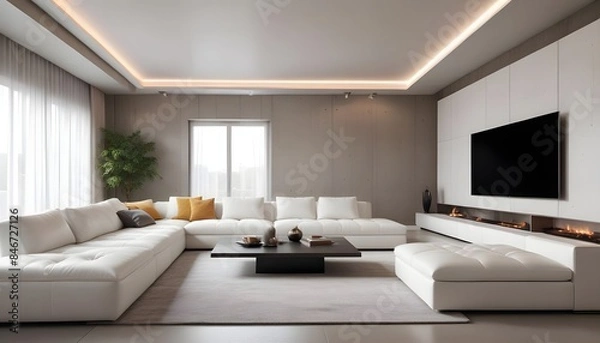 Fototapeta High end modern living room with white leather couch and a large flat screen tv mounted on the wall, brutalist architecture mixed with modern futuristic minimal design