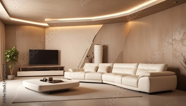 Fototapeta High end modern living room with white leather couch and a large flat screen tv mounted on the wall, brutalist architecture mixed with modern futuristic minimal design