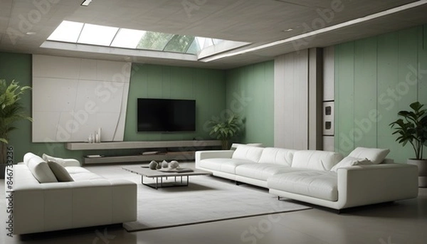 Fototapeta High end modern living room with white leather couch and a large flat screen tv mounted on the wall, brutalist architecture mixed with modern futuristic minimal design