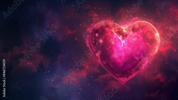 Fototapeta Glowing pink heart in space surrounded by stars and nebula.