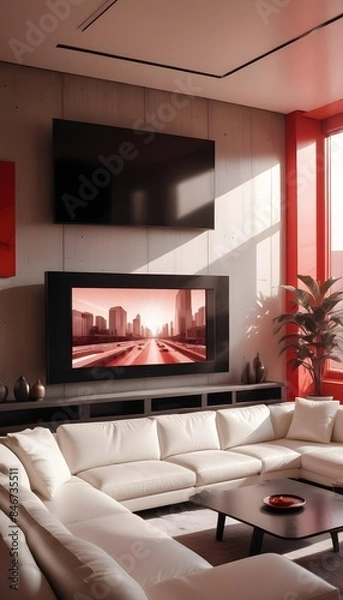 Fototapeta High end modern living room with white leather couch and a large flat screen tv mounted on the wall, brutalist architecture mixed with modern futuristic minimal design