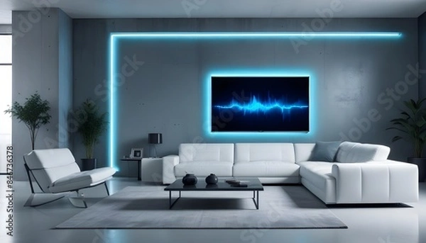 Fototapeta High end modern living room with white leather couch and a large flat screen tv mounted on the wall, brutalist architecture mixed with modern futuristic minimal design