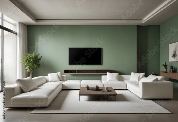 Fototapeta High end modern living room with white leather couch and a large flat screen tv mounted on the wall, brutalist architecture mixed with modern futuristic minimal design