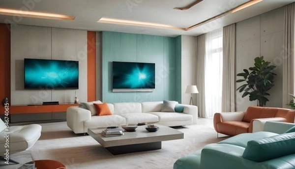Fototapeta High end modern living room with white leather couch and a large flat screen tv mounted on the wall, brutalist architecture mixed with modern futuristic minimal design
