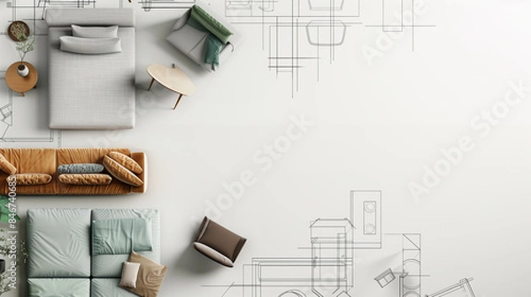 Obraz Abstract plan with space for text related to interior design: textures imitating furniture layout plans, sketches of modern sofa, armchair, bed with thin lines on a white background