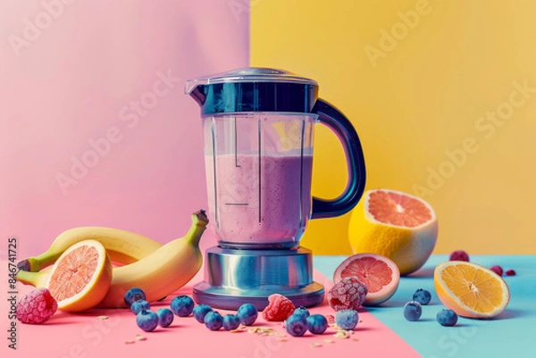 Fototapeta Berries smoothie in a glass blender in the kitchen with frozen fruit around. Healthy food for breakfast and snack.